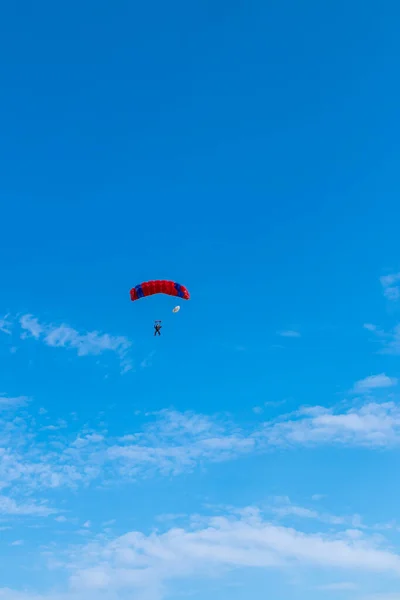 Paraquedistas estão voando no céu, imagem de contraste ensolarada. — Fotografia de Stock