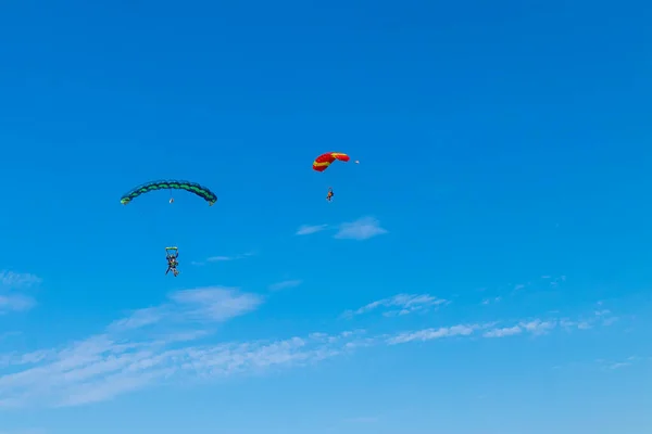 Parachutist vliegt in de lucht, zonnig contrastbeeld. — Stockfoto