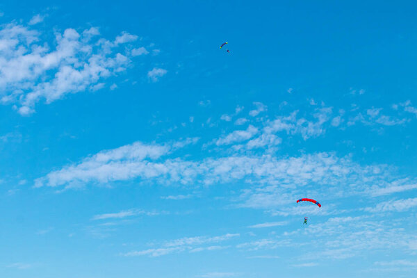 Parachutist is flying in the sky, sunny contrast image.