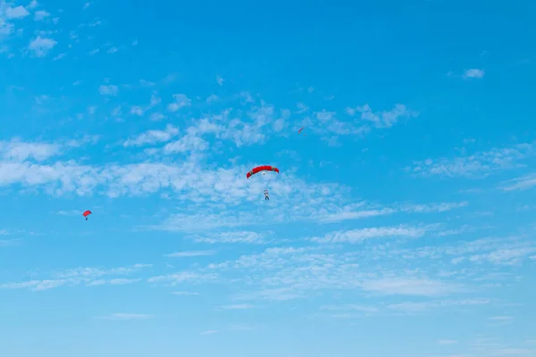 Parachutist vliegt in de lucht, zonnig contrastbeeld. — Stockfoto