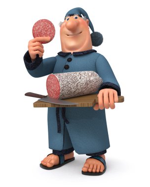 3d resimde sosis ve bir bıçak ile işadamı