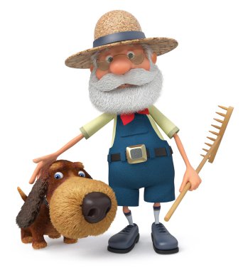 3D resimde bir köpek ve bir komisyon ile çiftçi