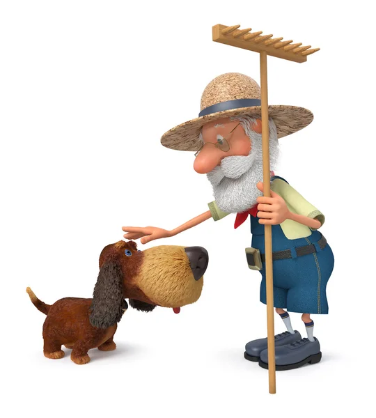 Illustration 3D le fermier avec un chien et un râteau — Photo