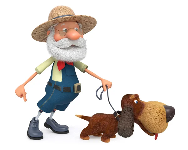 Illustrazione 3D del contadino con un cane e un rastrello — Foto Stock