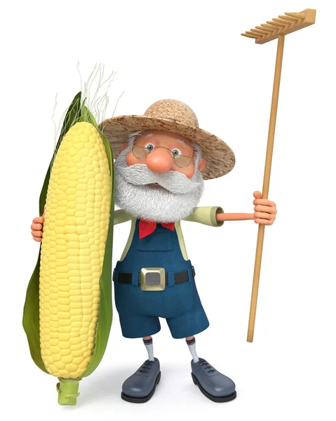 Ilustracja 3d podeszłym wieku rolnika koszty z kukurydzą — Zdjęcie stockowe