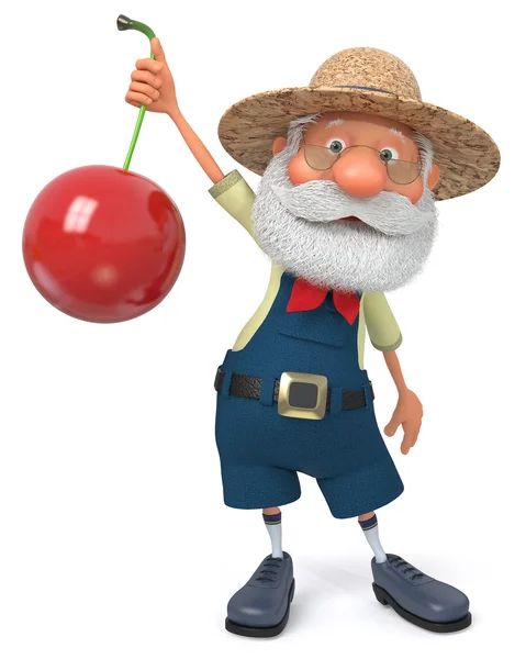 3D иллюстрация пожилого фермера стоит с вишней — стоковое фото