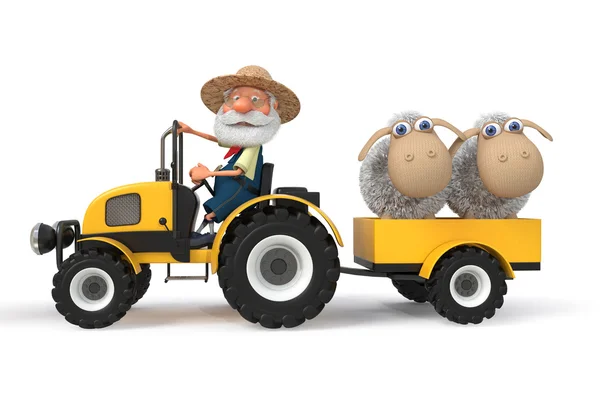 3D illustratie farmer's trekker met lammeren — Stockfoto