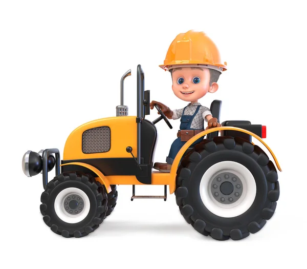 Ilustración Pequeño Trabajador Construcción Mono Con Destornillador Casco Amarillo Tractor —  Fotos de Stock