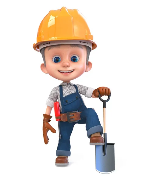 Illustration Funny Boy Construction Helmet Overalls Shovel — Stock Photo, Image