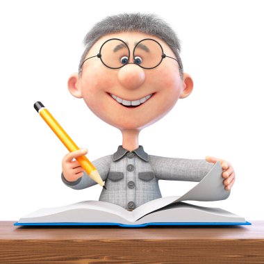 Okulda elinde kalem ve defter olan komik bir çocuğun 3D çizimi.