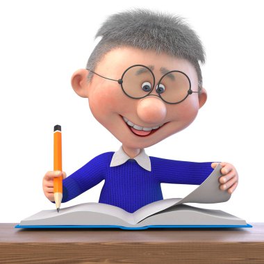 Okulda elinde kalem ve defter olan komik bir çocuğun 3D çizimi.