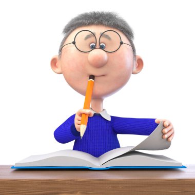 Okulda elinde kalem ve defter olan komik bir çocuğun 3D çizimi.