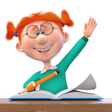 3D resimde elinde kalem ve defterle okulda okuyan komik bir kız görülüyor.