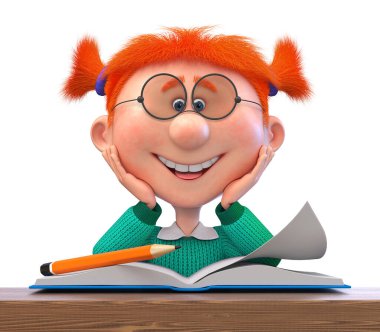 3D resimde elinde kalem ve defterle okulda okuyan komik bir kız görülüyor.