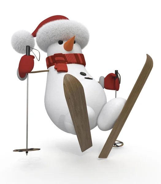 3d snowman on skis — Stock Photo, Image