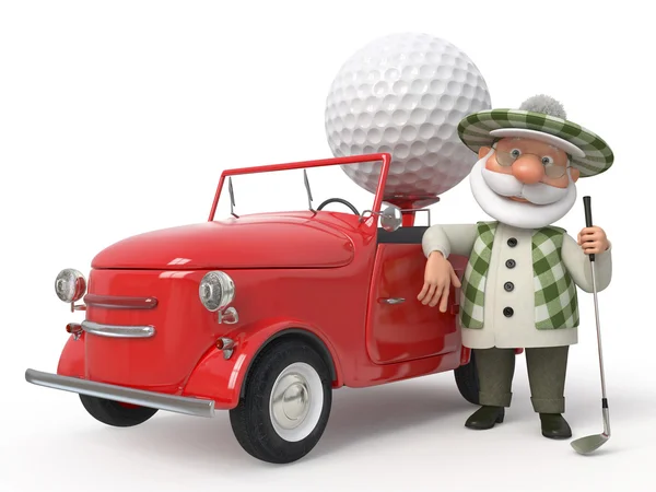 3d pequeno homem golfista de carro — Fotografia de Stock