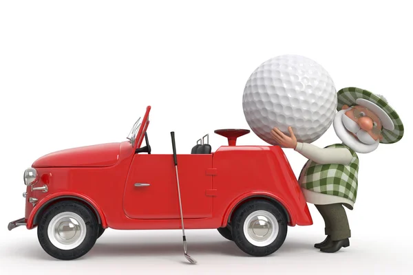 3d pequeño hombre golfista en coche — Foto de Stock