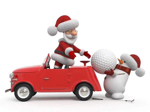 3d Santa Claus  golfer by car — Stock Photo, Image