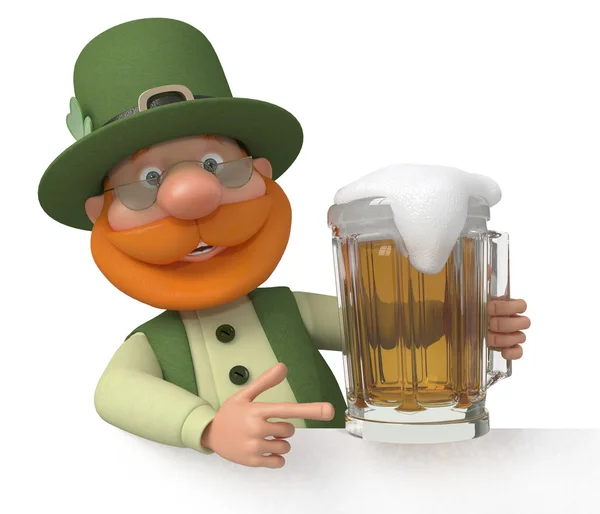 Saint Patrick with a billboard and beer — Stock Photo, Image