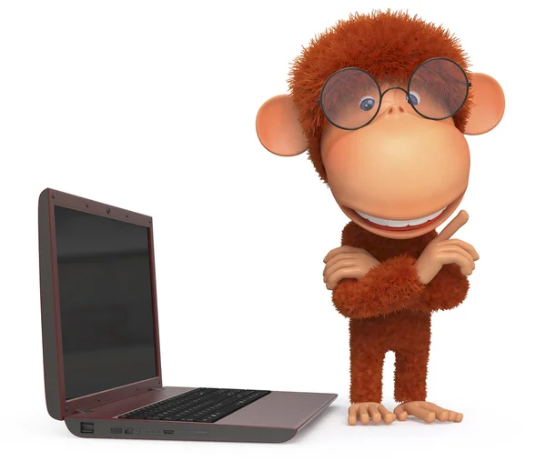 O macaco vermelho com o computador portátil — Fotografia de Stock