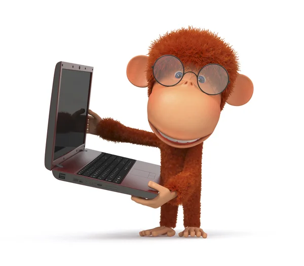 O macaco vermelho com o computador portátil — Fotografia de Stock