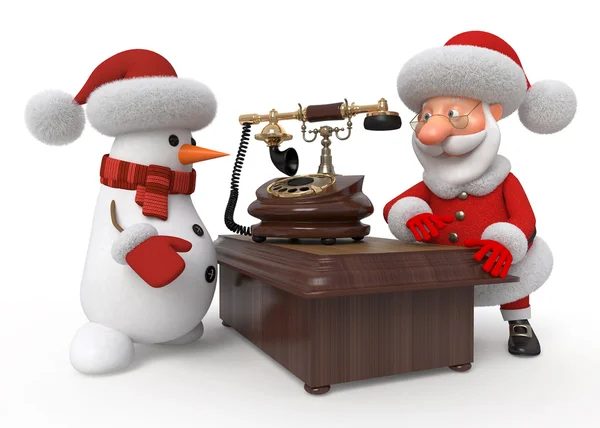 Noel Baba ve kardan adam ile telefon — Stok fotoğraf