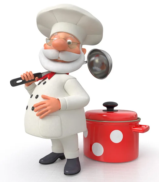 Il cuoco con una pentola e un mestolo — Foto Stock