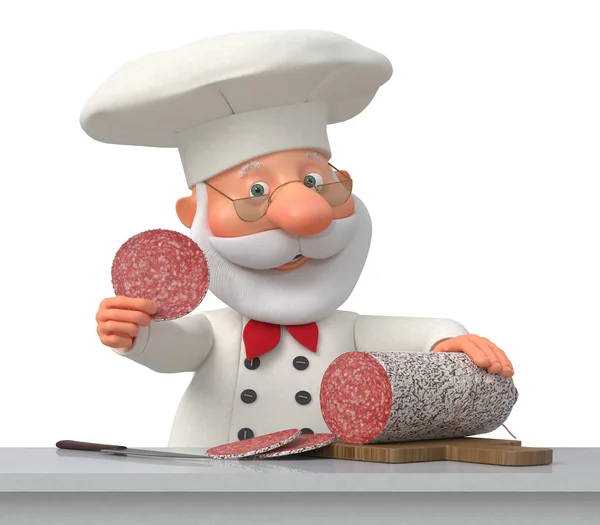 The cook in kitchen with sausage — Stock Photo, Image