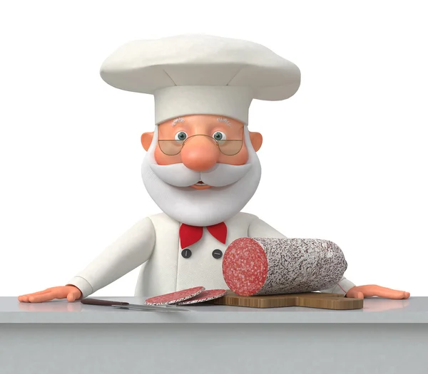 The cook in kitchen with sausage — Stock Photo, Image