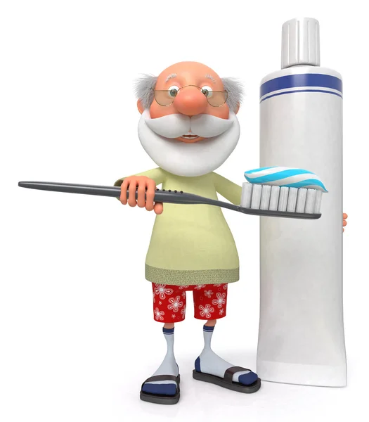 Der Rentner mit der Zahnbürste — Stockfoto