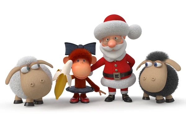 3d santa claus con el mono y los corderos — Foto de Stock