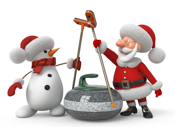 Papá Noel y muñeco de nieve juega curling — Foto de Stock