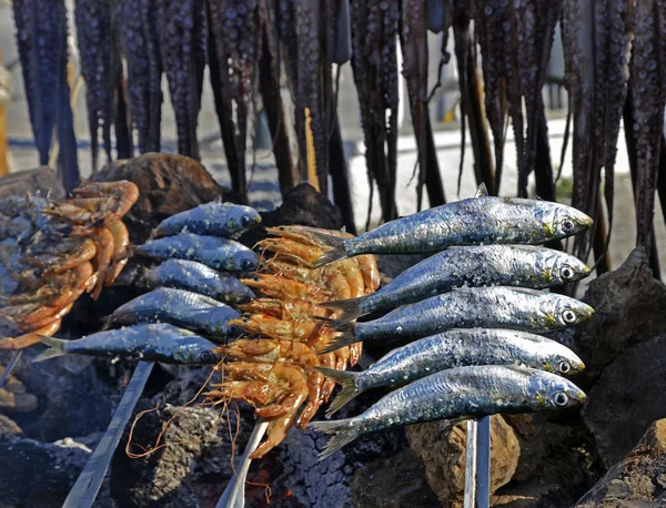 Sardines on a skewer firewood at the beach — Stock Fotó