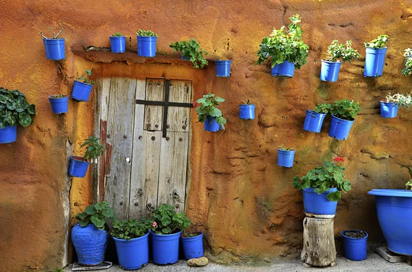 Straatscène met potten bloemen in de muur — Stockfoto