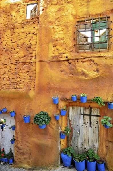 Scena di strada con vasi di fiori nel muro — Foto Stock