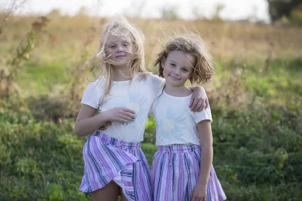 Twee Kleine Meisjes Vrienden Zussen Staan Een Veld Zomer — Stockfoto