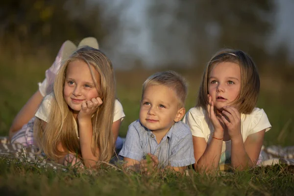 Irmãs Irmãozinho Deitam Grama Crianças Brincam Prado Uma Família Feliz — Fotografia de Stock