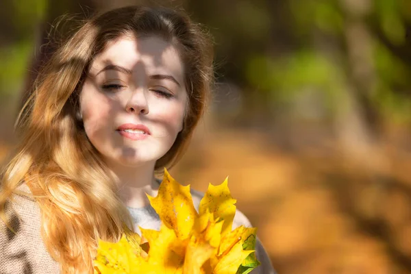 Beautiful Young Woman Yellow Leaves Autumn Park — Stock Photo, Image