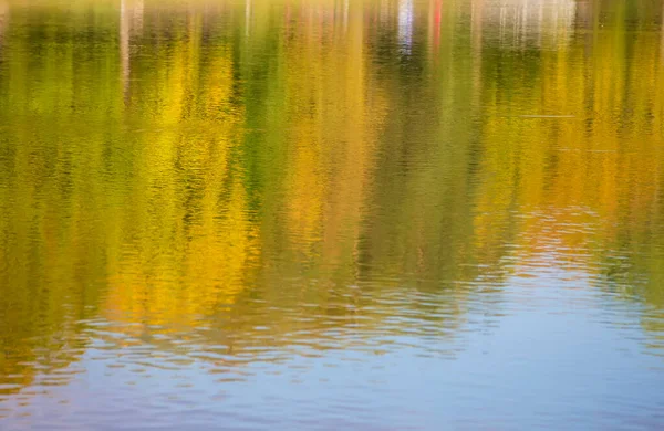 Reflexão Uma Floresta Multicor Outono Água Azul Fundo Outono Desfocado — Fotografia de Stock