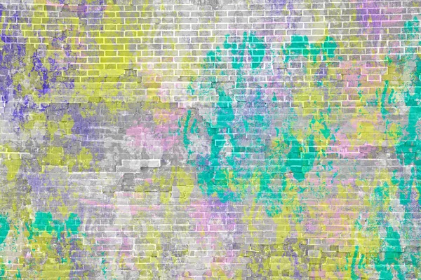 Mur Brique Multicolore Peinture Vert Vif Violet Jaune Sur Texture — Photo