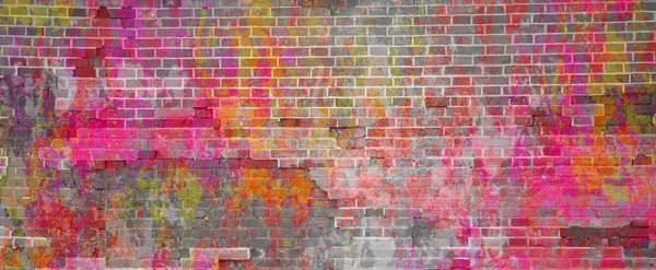 Bannière Multicolore Mur Briques Peinture Jaune Blanche Rose Vif Sur — Photo