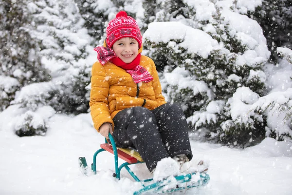 Criança Feliz Inverno Menino Roupas Brilhantes Senta Trenó Neve — Fotografia de Stock