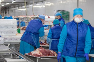 Belarus, Gomilsky bölgesi, 1311 2020. Et üretimi. Et fabrikasındaki taşıma bandının arkasındaki işçiler.