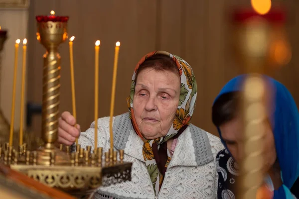 Russian Grandmother Headscarf Lights Candle Church Elderly Woman Orthodox Church — Stock Photo, Image