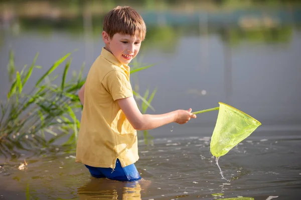 Bambino Con Una Rete Farfalla Prende Fritto Nel Lago — Foto Stock