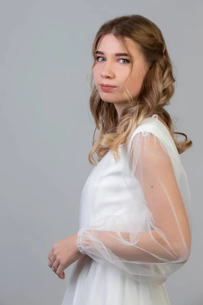 Classic Vertical Portrait Bride Gray Background Cute Young Girl White — Stock Photo, Image