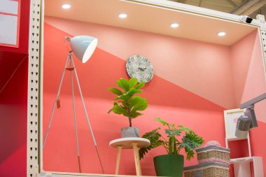 Dükkan vitrininde bir odanın içinde. Pembe bir duvarın arkasında bitkiler ve sepetler olan masa lambası. Daire döşeme konsepti.