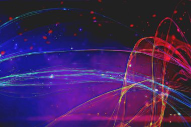 Kavisli grafik çizgileri olan soyut mor arkaplan. Bokeh noktalı renkli bulanık çizgiler.