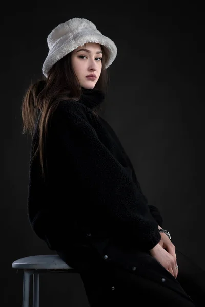 Beautiful Girl Dark Coat White Fur Hat Gray Background — Stock Photo, Image