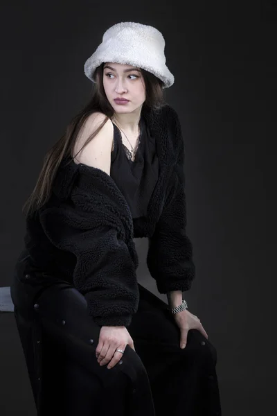 Beautiful Stylish Girl Fur Hat Dark Background — Stock Photo, Image